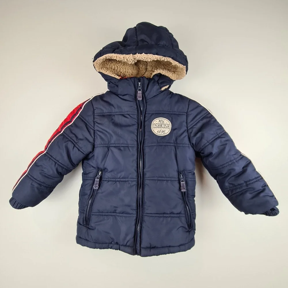 OSHKOSH B'GOSH‎ Little Boys Navy Blue Stripe Hooded Puffer Jacket Size S 4T